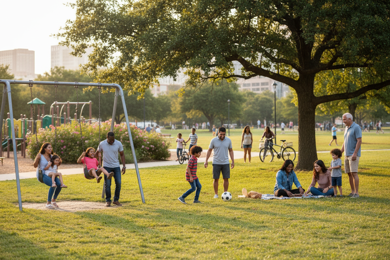 Families enjoying time together in a Dallas park